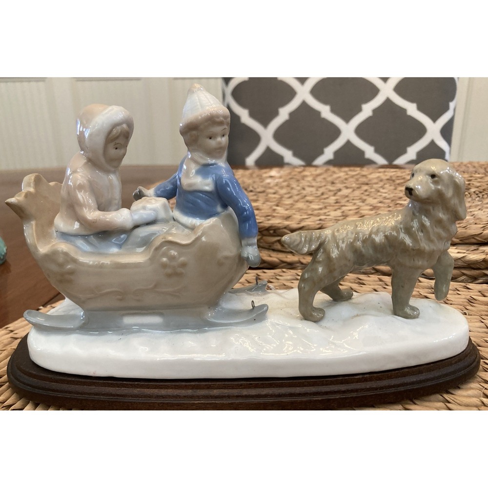 Paul Sebastian Meico Porcelain Sleigh Ride Children Dog Wood Base Christmas Vint